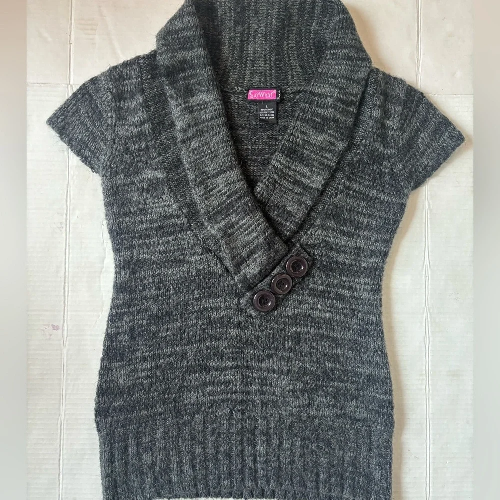 SayWhat Gray Shawl Collar Short Sleeve Sweater Top Large Y2K